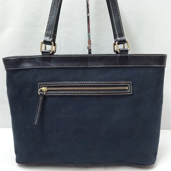 Dooney & Bourke Dark Blue Canvas DB Printed Buckle Pocket Zipper Tote Bag - Picture 2 of 16